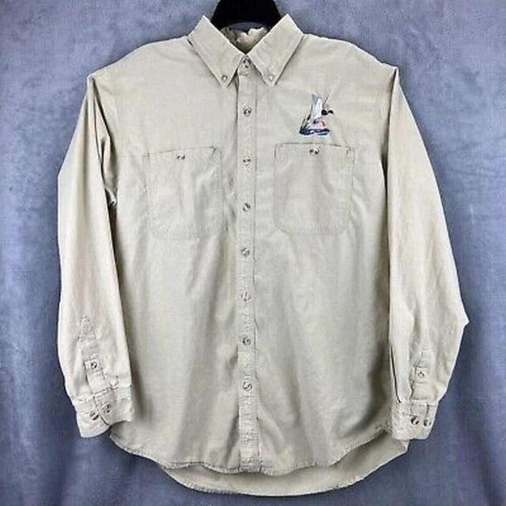 Cabelas Safari Hunting/Fishing Shirt Sz: Lg. Beige Embroidered DuckFREE Jacket